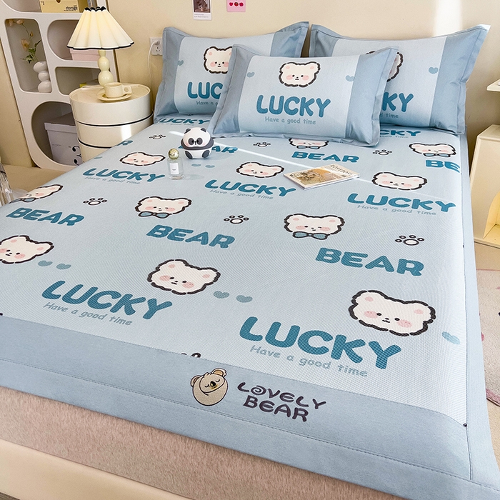 91家纺网 家纺一手货源 找家纺 全季家居 2024新款A类抗菌数码印花冰藤席三件套 床席款-幸运熊