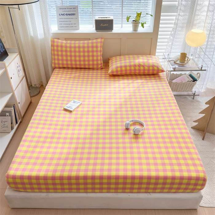 91家纺网 家纺一手货源 找家纺 北欧良品 2024新款水洗棉单品床笠、床单--格纹款（床笠、床单） 粉黄中格