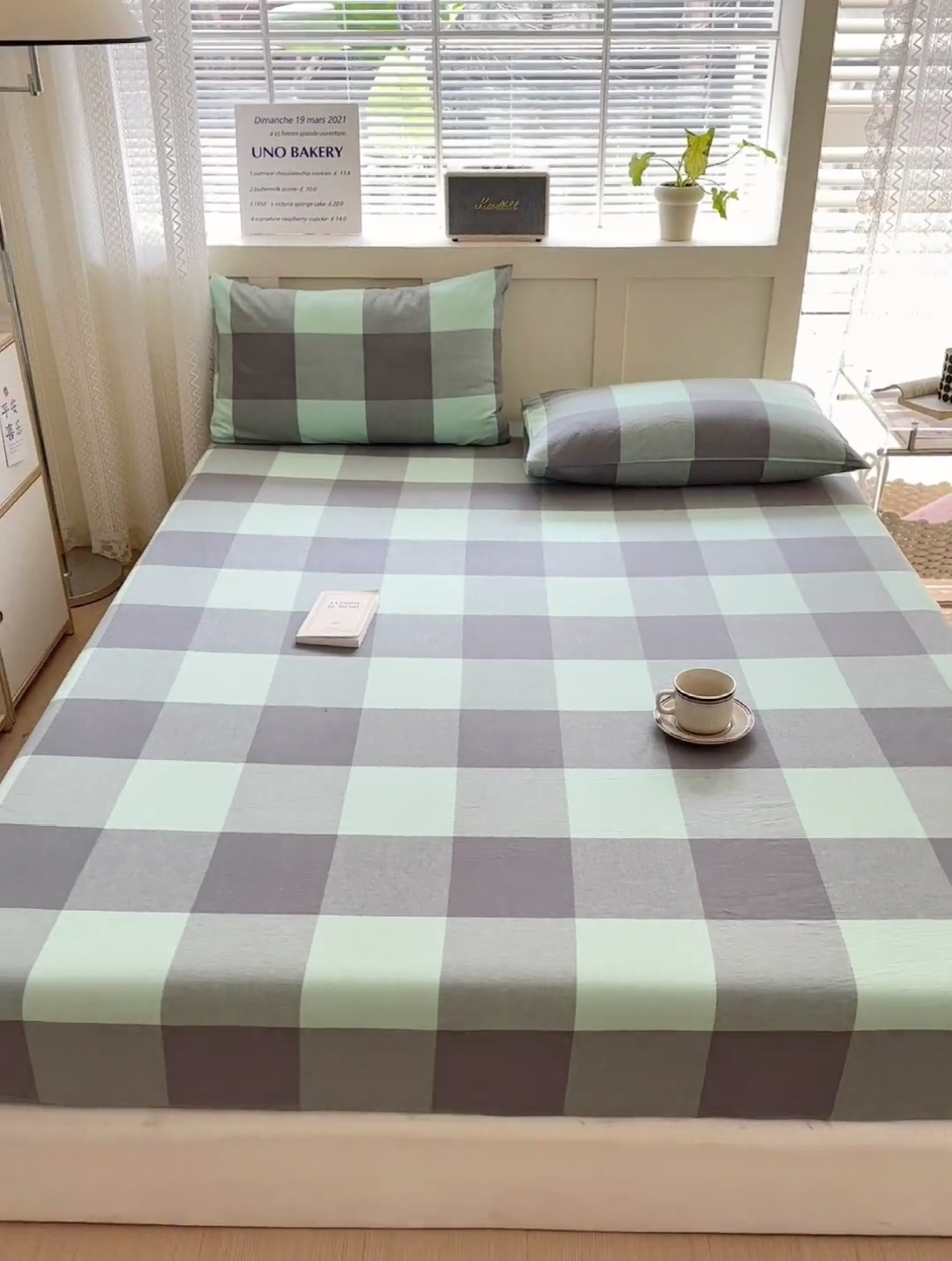 91家纺网 家纺一手货源 找家纺 北欧良品 2024新款水洗棉单品床笠、床单--格纹款（床笠、床单） 灰绿大格