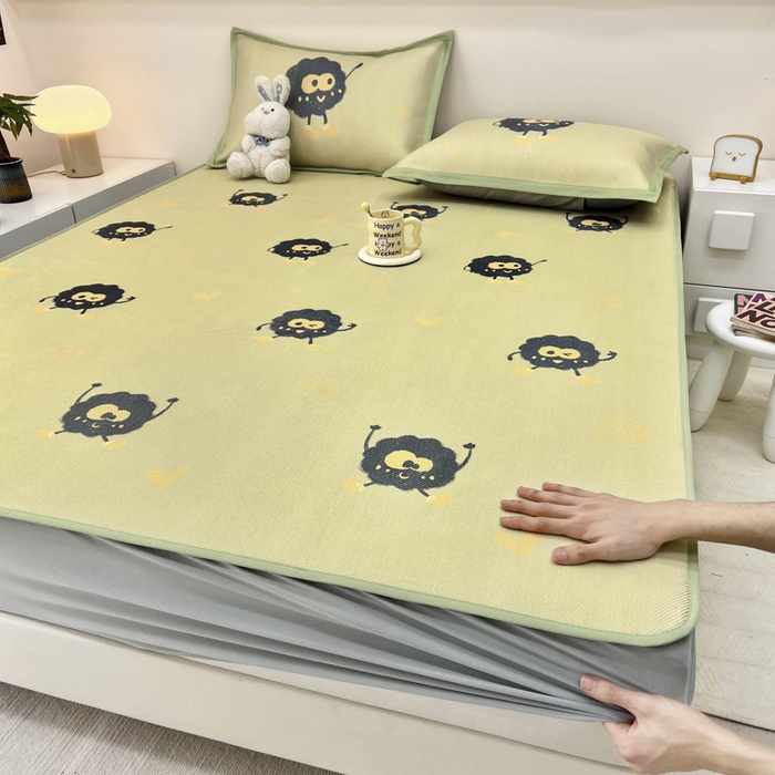 91家纺网 家纺一手货源 找家纺 全季家居 2024新款5A抗菌小清新数码印花冰藤席 床笠款-小煤球