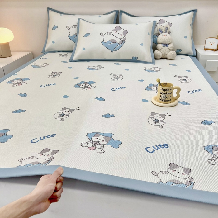 91家纺网 家纺一手货源 找家纺 全季家居 2024新款5A抗菌小清新数码印花冰藤席 床席款-贪吃小猫