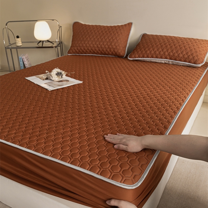 91家纺网 家纺一手货源 找家纺 欧邦 新款纯色A类凉感丝乳胶床笠三件套 椰棕色