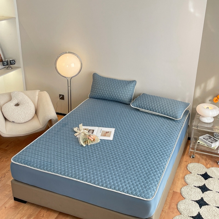 91家纺网 家纺一手货源 找家纺 欧邦 新款纯色A类凉感丝乳胶床笠三件套 藏蓝