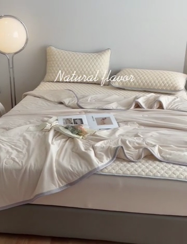 91家纺网 家纺一手货源 找家纺 欧邦 新款纯色A类凉感丝乳胶床笠三件套 杏色