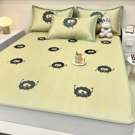 91家纺网 家纺一手货源 找家纺 全季家居 2024新款5A抗菌小清新数码印花冰藤席 床笠款-小煤球