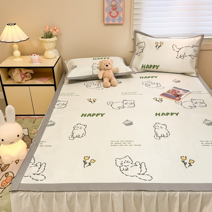 91家纺网 家纺一手货源 找家纺 2025新款慕尚600D数码印花冰丝凉席 慵懒猫