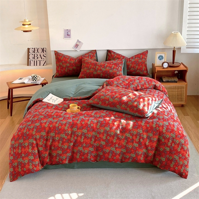 91家纺网 家纺一手货源 找家纺 2024新款全棉纯棉双层纱三层纱立体提花四件套 萨曼红