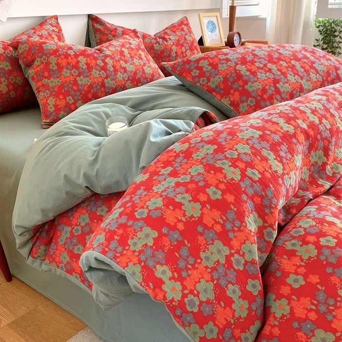 91家纺网 家纺一手货源 找家纺 2024新款全棉纯棉双层纱三层纱立体提花四件套 萨曼红