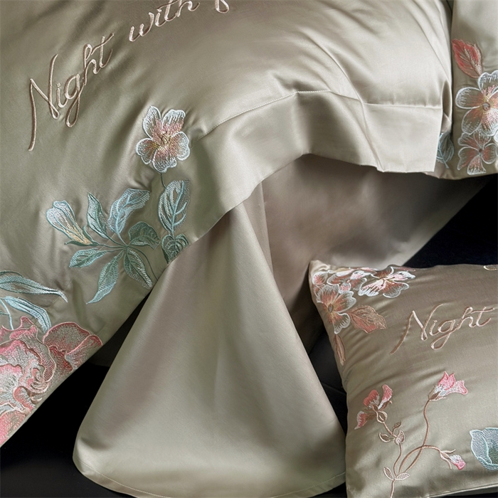 91家纺网 家纺一手货源 找家纺 鹿班家居 2024新款100支长绒棉精致刺绣系列四件套—去野标准会员-20 去野-瓦松绿