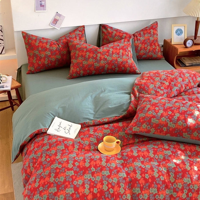 91家纺网 家纺一手货源 找家纺 2024新款全棉纯棉双层纱三层纱立体提花四件套 萨曼红