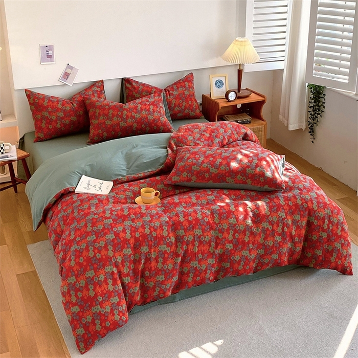 91家纺网 家纺一手货源 找家纺 2024新款全棉纯棉双层纱三层纱立体提花四件套 萨曼红