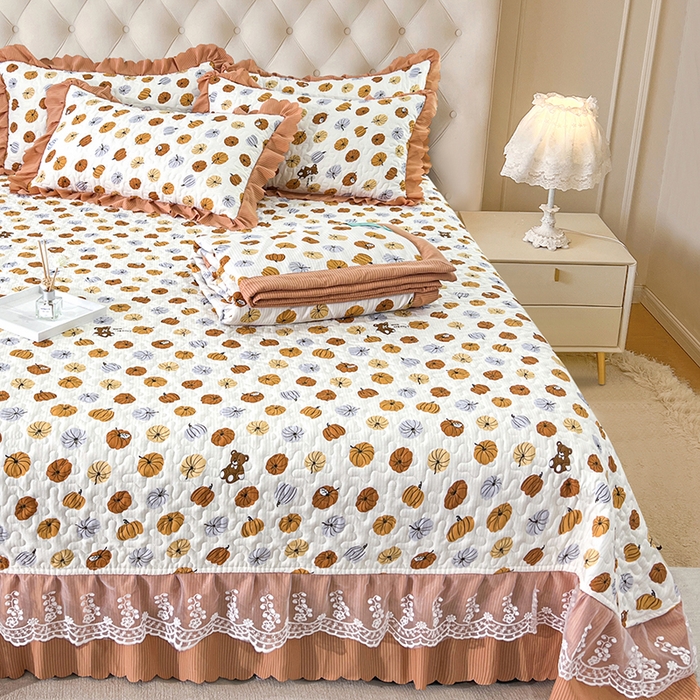 91家纺网 家纺一手货源 找家纺 梦柏家纺 2024新款亲肤泡泡棉夹棉床盖夏被四件套 小南瓜