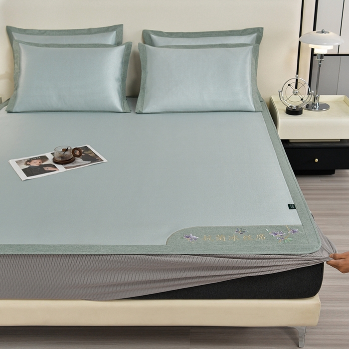 91家纺网 家纺一手货源 找家纺 简一 2024新款600D紫荆花开A类抗菌席 床笠款 浅绿