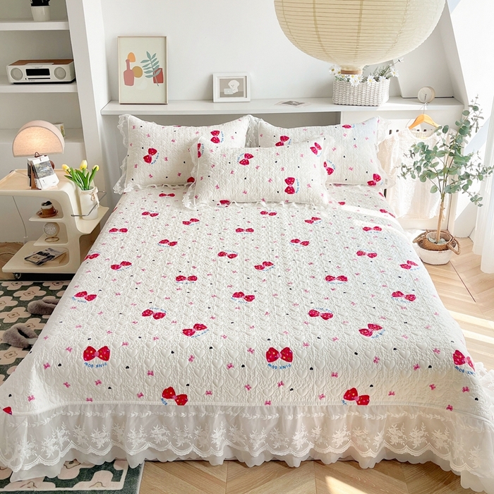 91家纺网 家纺一手货源 找家纺 添越 2024新款雪纺蕾丝款纯棉床盖四件套 蝴蝶结