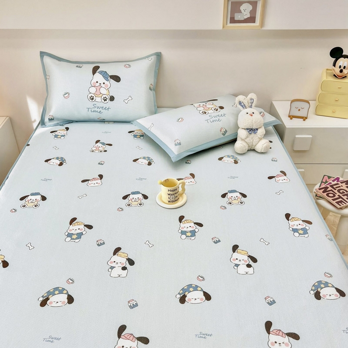 91家纺网 家纺一手货源 找家纺 全季家居 2024新款5A抗菌小清新数码印花冰藤席 床笠款-开心狗