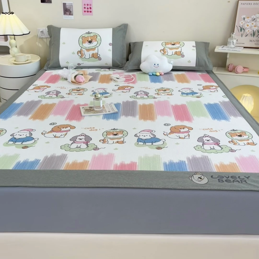 91家纺网 家纺一手货源 找家纺 全季家居 2024新款A类抗菌数码印花冰藤席三件套 床笠款-狗狗家族