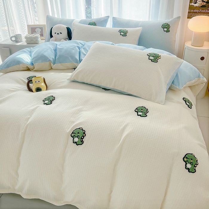 91家纺网 家纺一手货源 找家纺 慕尚 2025新款全棉华夫格毛巾绣四件套 恐龙之王白蓝