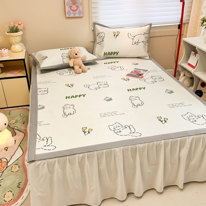 91家纺网 家纺一手货源 找家纺 2025新款慕尚600D数码印花冰丝凉席 慵懒猫