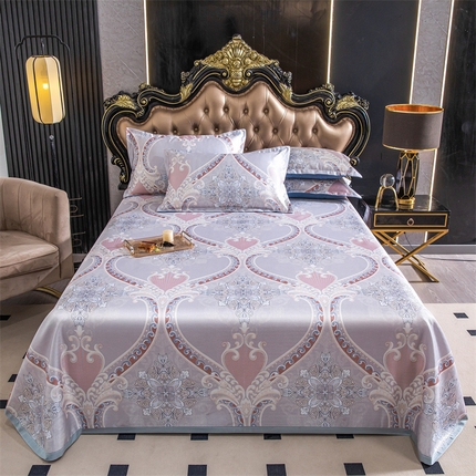 91家纺网 家纺一手货源 找家纺 肖恩 2025新款冰丝印花凉席三件套 欧式典雅粉