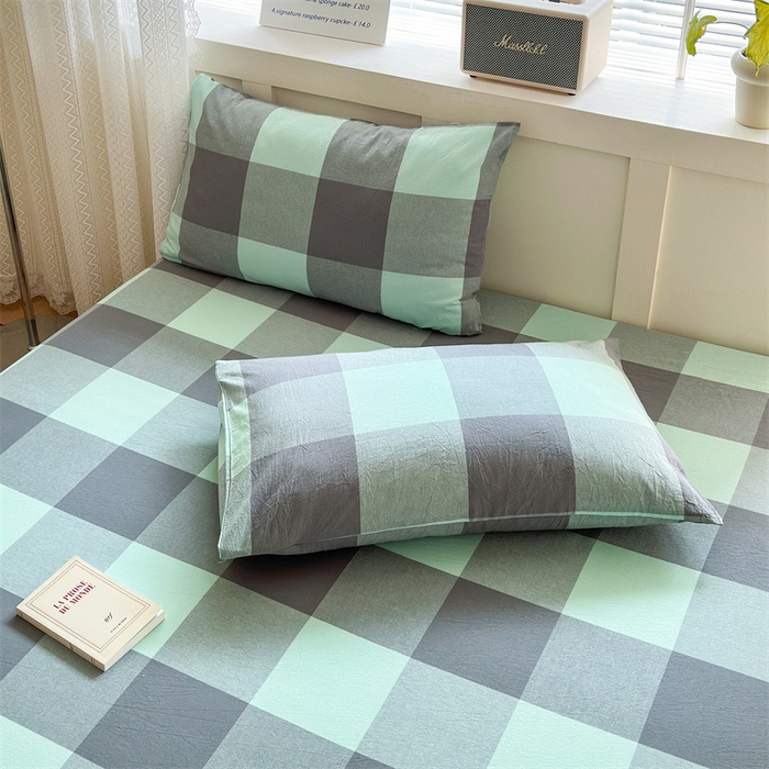 91家纺网 家纺一手货源 找家纺 北欧良品 2024新款水洗棉单品床笠、床单--格纹款（床笠、床单） 灰绿大格