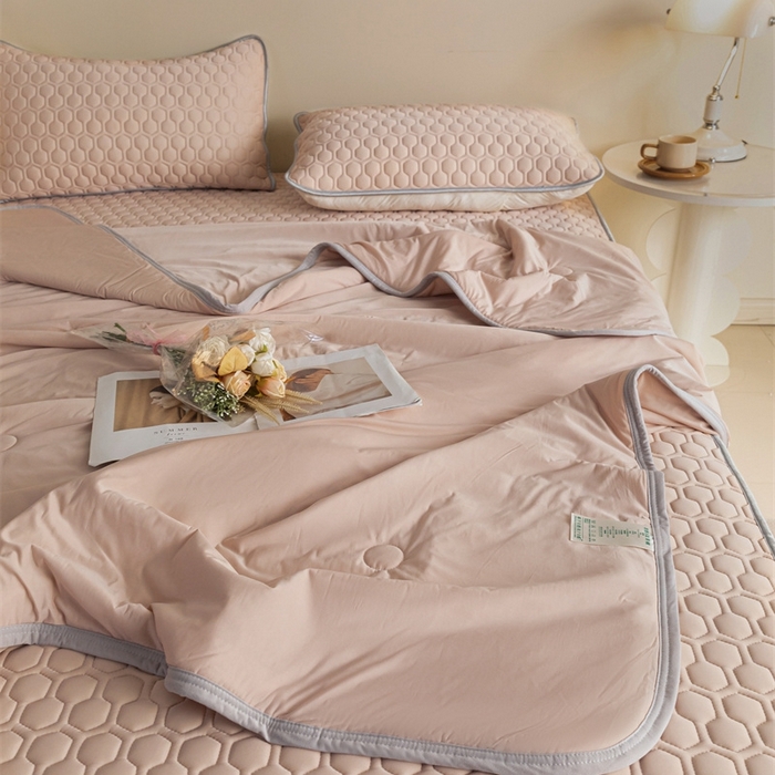 91家纺网 家纺一手货源 找家纺 欧邦 新款纯色A类凉感丝乳胶床笠三件套 苏梅粉