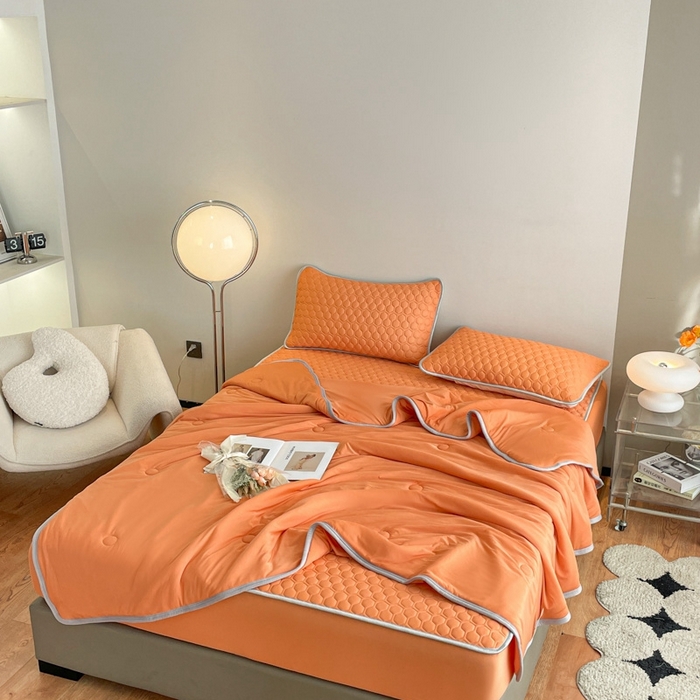 91家纺网 家纺一手货源 找家纺 欧邦 新款纯色A类凉感丝乳胶床笠三件套 南瓜色