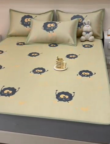 91家纺网 家纺一手货源 找家纺 全季家居 2024新款5A抗菌小清新数码印花冰藤席 床笠款-小煤球