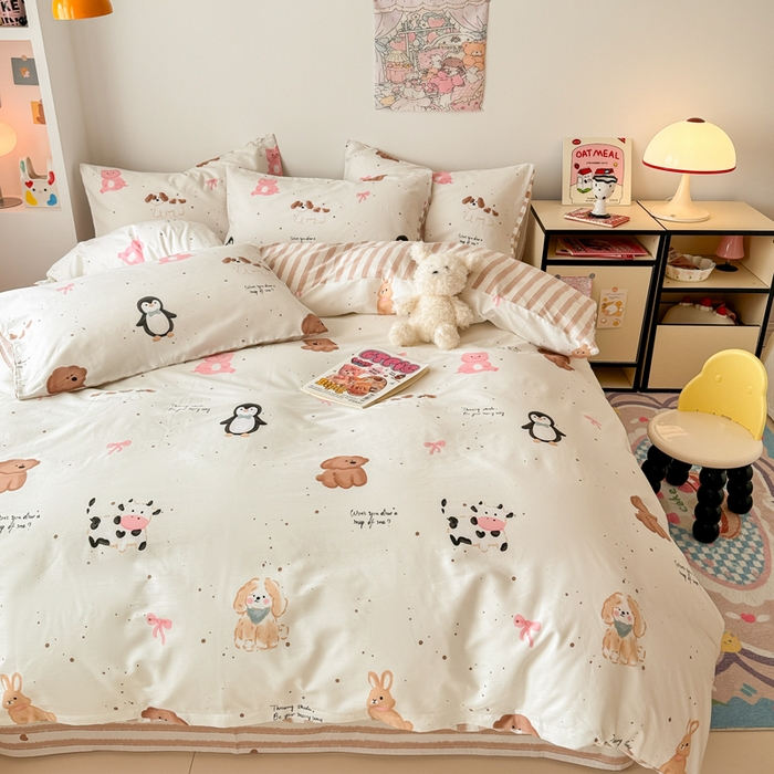 91家纺网 家纺一手货源 找家纺 慕尚 2025新款13070全棉小清新四件套 动物乐园