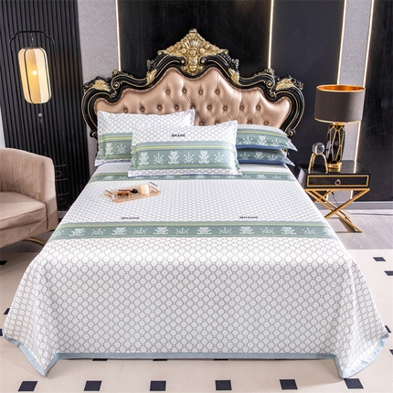 91家纺网 家纺一手货源 找家纺 肖恩 2025新款冰丝印花凉席三件套 贵族风范绿