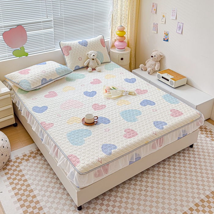 91家纺网 家纺一手货源 找家纺 小萌虎 2024新款胶质凉席床笠花边款 爱心