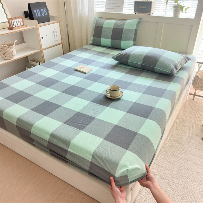 91家纺网 家纺一手货源 找家纺 北欧良品 2024新款水洗棉单品床笠、床单--格纹款（床笠、床单） 灰绿大格
