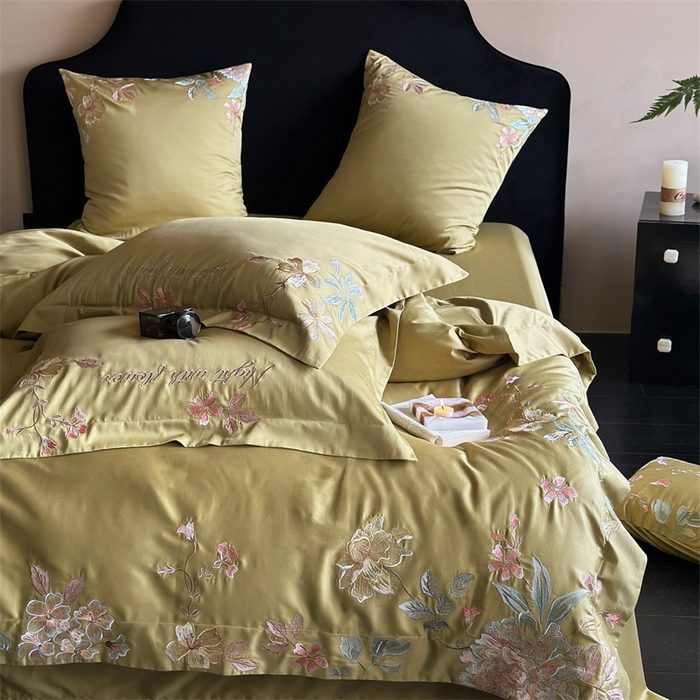 91家纺网 家纺一手货源 找家纺 鹿班家居 2024新款100支长绒棉精致刺绣系列四件套—去野标准会员-20 去野-月蓉黄