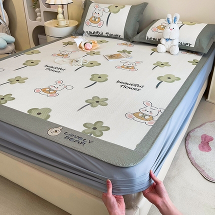 全季家居 2024新款A类抗菌数码印花冰藤席三件套 床笠款-可爱兔