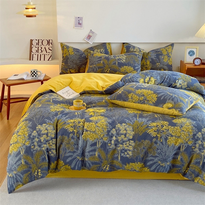 91家纺网 家纺一手货源 找家纺 2024新款全棉纯棉双层纱三层纱立体提花四件套 森林奇境