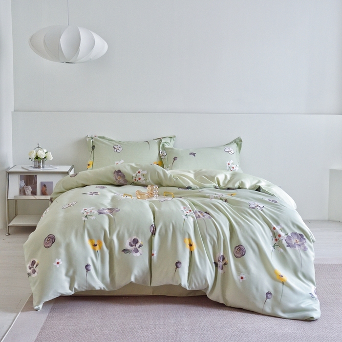 91家纺网 家纺一手货源 找家纺 氧家 2025新款莱赛尔天丝数码印花四件套宽边断角工艺（礼盒装）花栖子绿