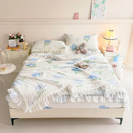 91家纺网 家纺一手货源 找家纺 （总）康纳利 2024新款乳胶床笠印花款花边乳胶凉席三件套夏被四件套乳胶席子