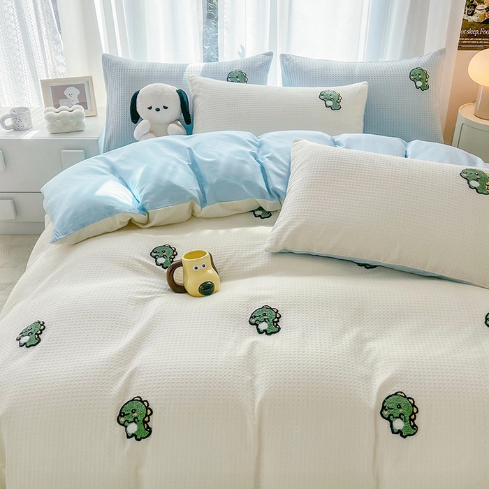 91家纺网 家纺一手货源 找家纺 慕尚 2025新款全棉华夫格毛巾绣四件套 恐龙之王白蓝