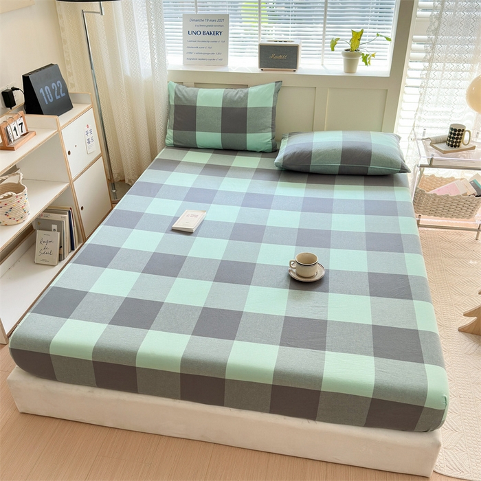 91家纺网 家纺一手货源 找家纺 北欧良品 2024新款水洗棉单品床笠、床单--格纹款（床笠、床单） 灰绿大格