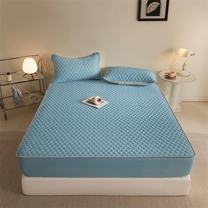 91家纺网 家纺一手货源 找家纺 欧邦 新款纯色A类凉感丝乳胶床笠三件套 月光蓝