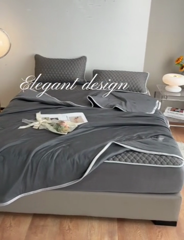 91家纺网 家纺一手货源 找家纺 欧邦 新款纯色A类凉感丝乳胶床笠三件套 深灰