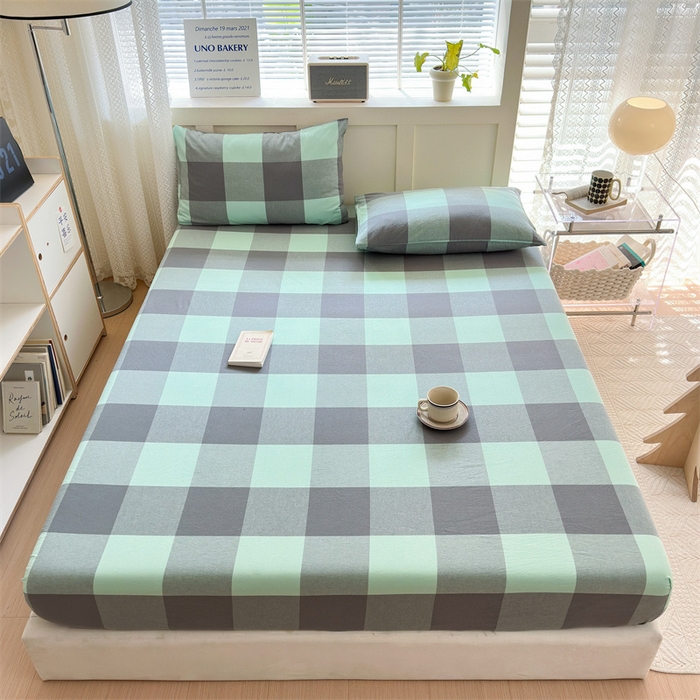 91家纺网 家纺一手货源 找家纺 北欧良品 2024新款水洗棉单品床笠、床单--格纹款（床笠、床单） 灰绿大格