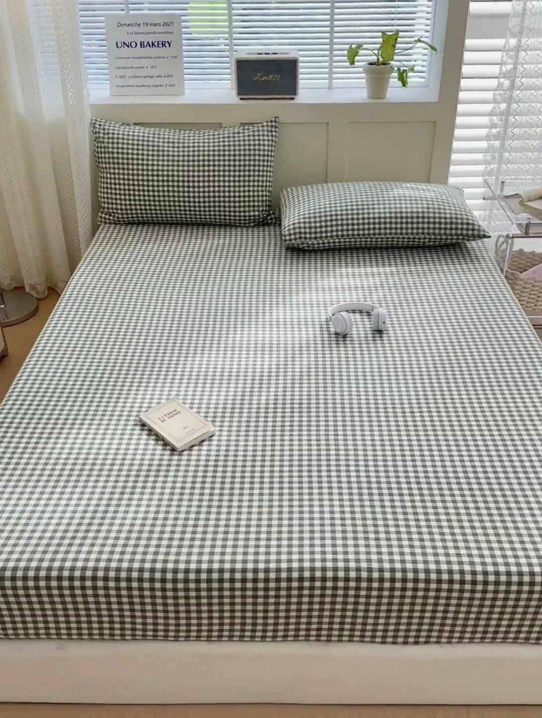 91家纺网 家纺一手货源 找家纺 北欧良品 2024新款水洗棉单品床笠、床单--格纹款（床笠、床单） 草绿小格