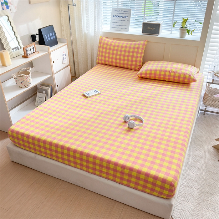 91家纺网 家纺一手货源 找家纺 北欧良品 2024新款水洗棉单品床笠、床单--格纹款（床笠、床单） 粉黄中格