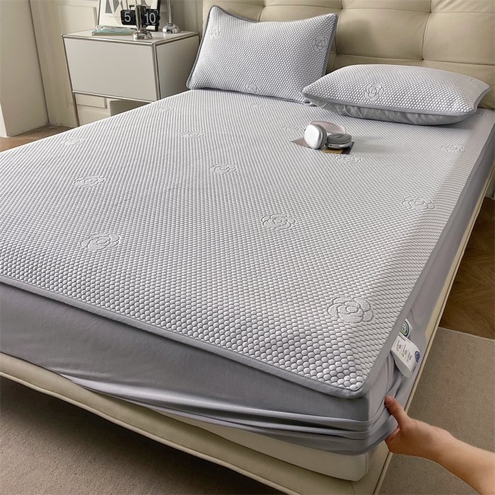 91家纺网 家纺一手货源 找家纺 2024新款抗菌凉豆豆提花床笠款凉席-花朵系列 花朵-星空蓝