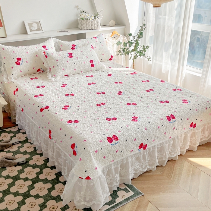 91家纺网 家纺一手货源 找家纺 添越 2024新款雪纺蕾丝款纯棉床盖四件套 蝴蝶结