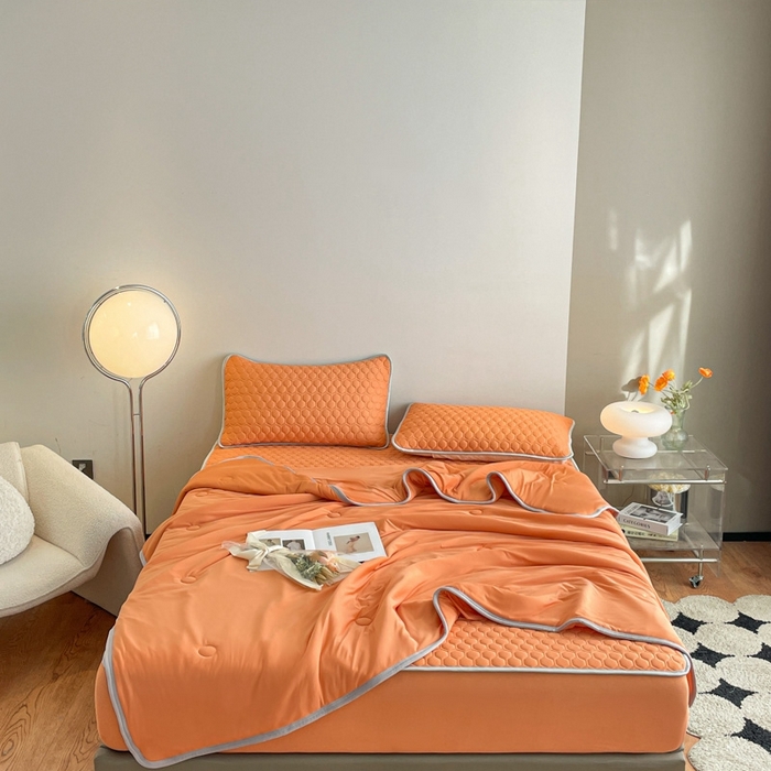 91家纺网 家纺一手货源 找家纺 欧邦 新款纯色A类凉感丝乳胶床笠三件套 南瓜色