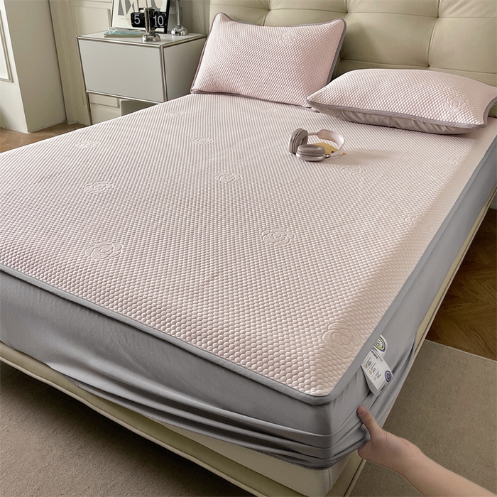 91家纺网 家纺一手货源 找家纺 2024新款抗菌凉豆豆提花床笠款凉席-花朵系列 花朵-蜜桃粉