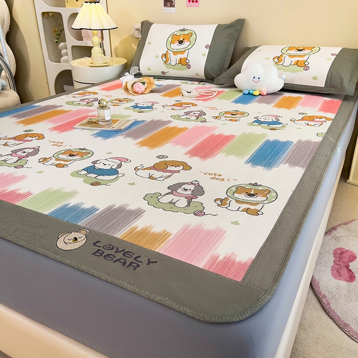 91家纺网 家纺一手货源 找家纺 全季家居 2024新款A类抗菌数码印花冰藤席三件套 床笠款-狗狗家族