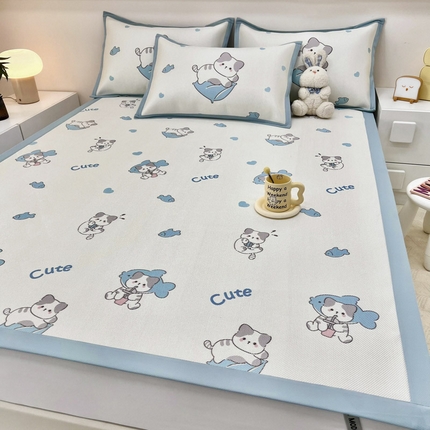 91家纺网 家纺一手货源 找家纺 全季家居 2024新款5A抗菌小清新数码印花冰藤席 床席款-贪吃小猫