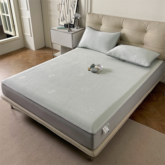 91家纺网 家纺一手货源 找家纺 2024新款抗菌凉豆豆提花床笠款凉席-花朵系列 花朵-冰豆绿